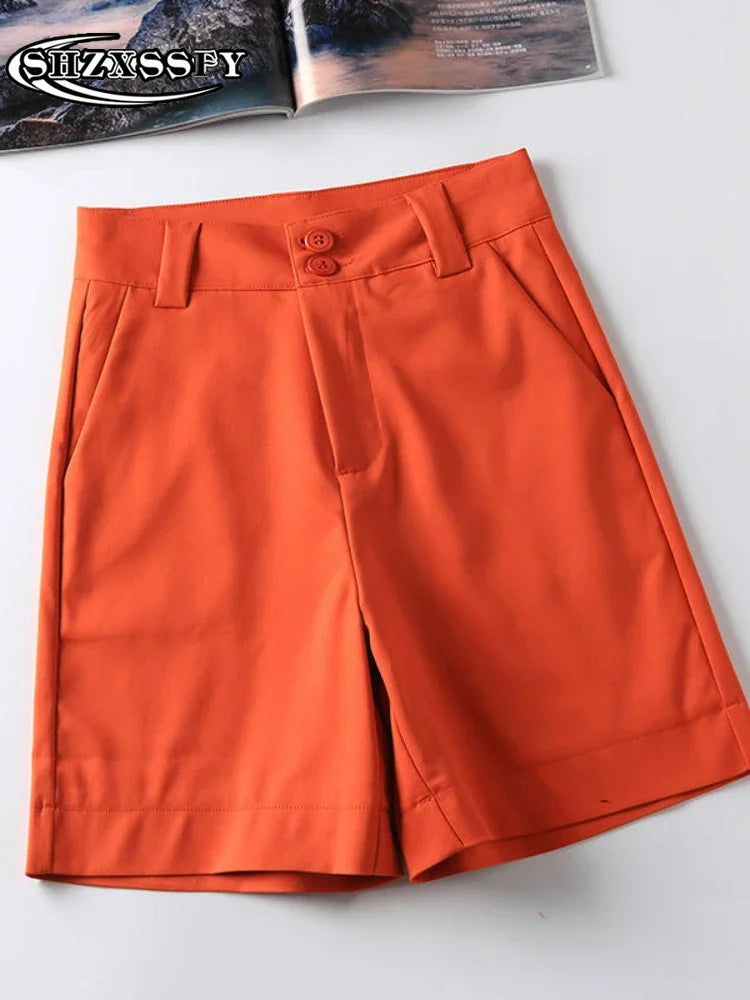 Summer Shorts High Waisted Loose Solid New Shorts for Women Casual Cotton Fashion Orange Female Shorts 2024