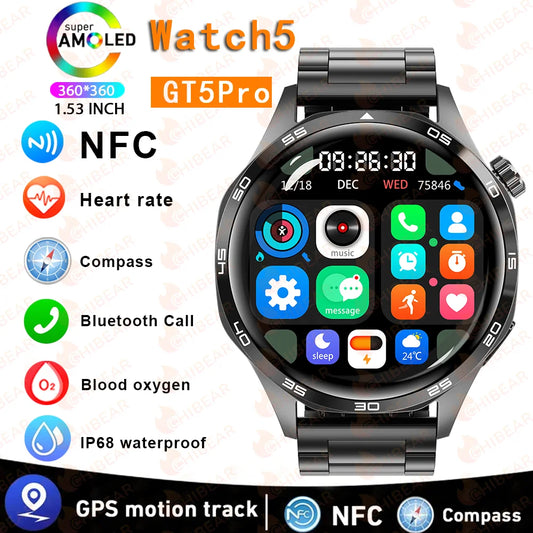 GT5 Pro Bluetooth Call Smart Watch Men For Huawei 1.53 AMOLED Screen Heart Rate Monitor NFC IP68 Waterproof GPS Sport Smartwatch